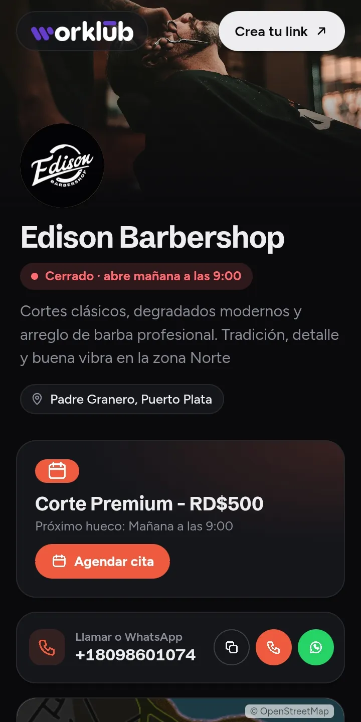 Página de Edison Barbershop en Worklub: perfil, estado Cerrado, agenda de citas con precio y botones de llamar y WhatsApp